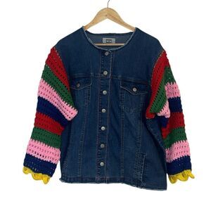 Custom MXM Denim Jacket with Crochet Sleeves, Woman’s 20